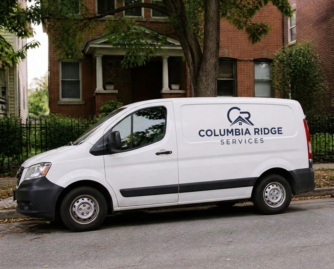 A Columbia Ridge Services van parked outside a Cincinnati brick home